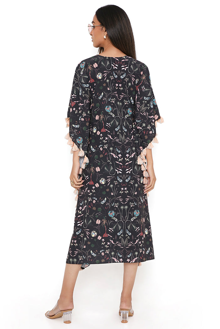 Navy Spring Print Art Crepe Kaftan With Tassels