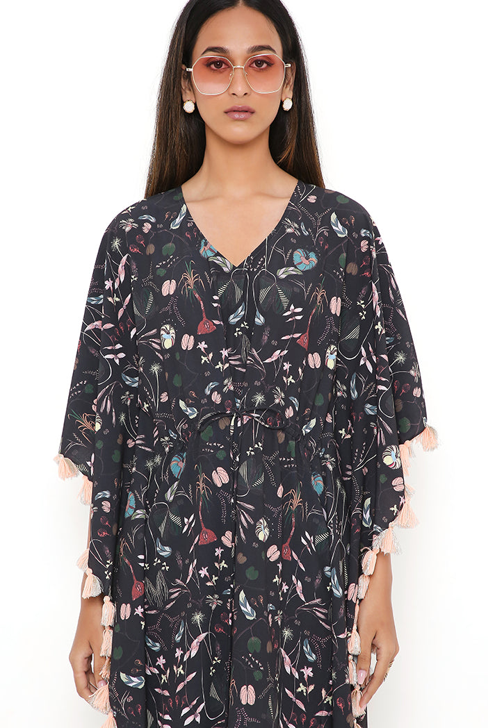 Navy Spring Print Art Crepe Kaftan With Tassels