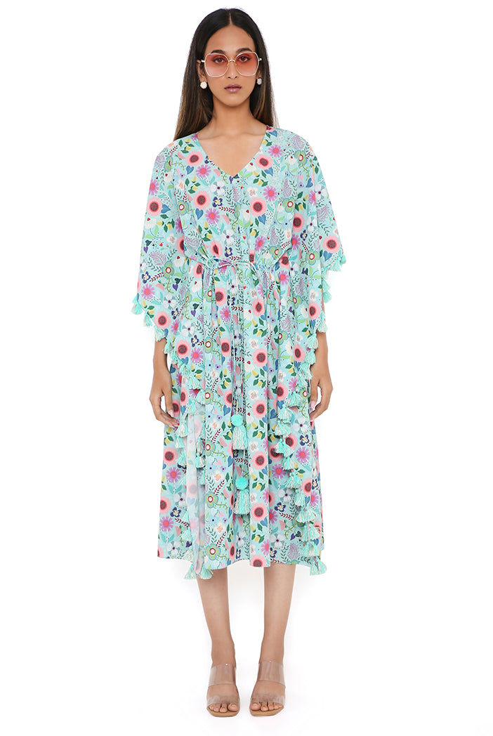 Aqua Spring Floral Garden Print Art Crepe Kaftan With Tassels
