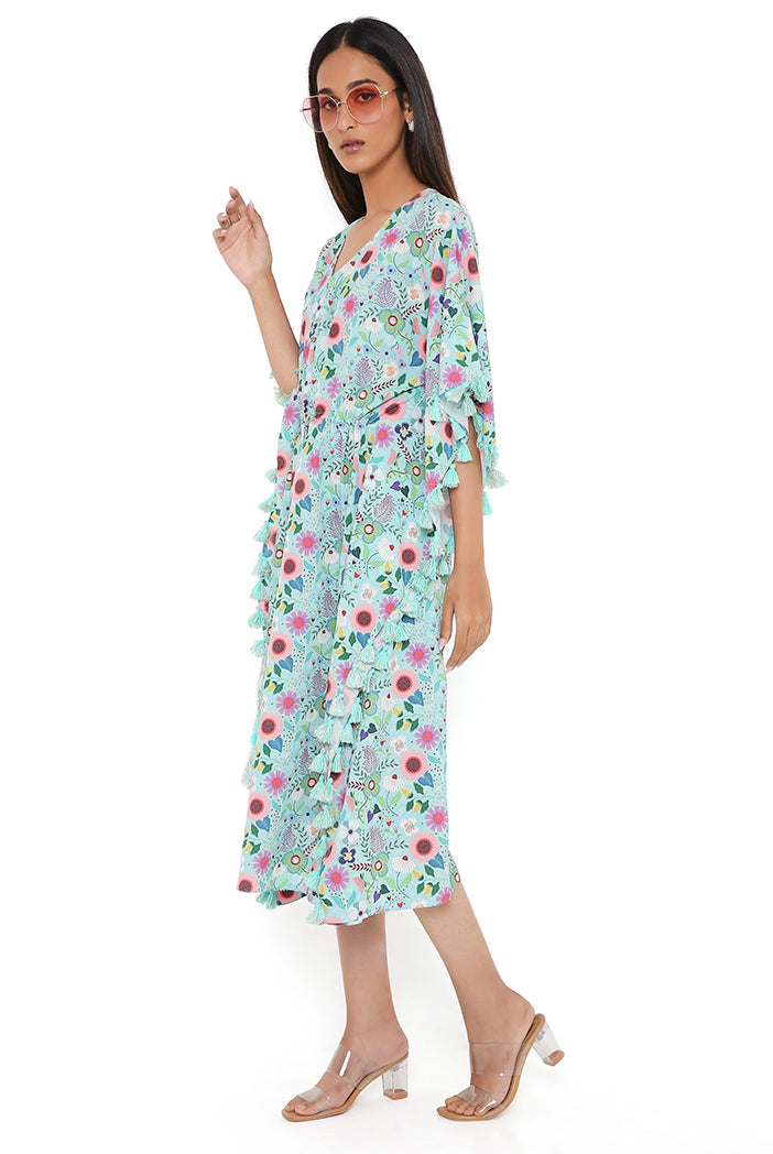 Aqua Spring Floral Garden Print Art Crepe Kaftan With Tassels