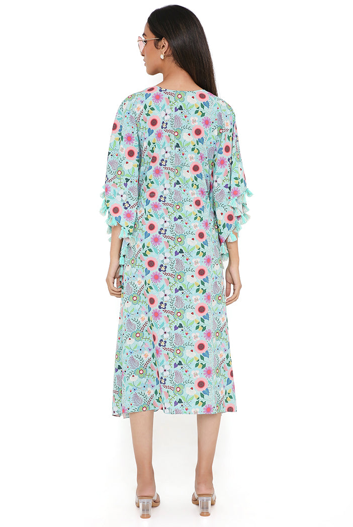 Aqua Spring Floral Garden Print Art Crepe Kaftan With Tassels