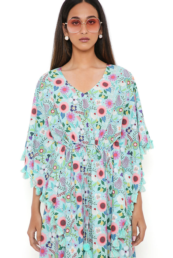 Aqua Spring Floral Garden Print Art Crepe Kaftan With Tassels