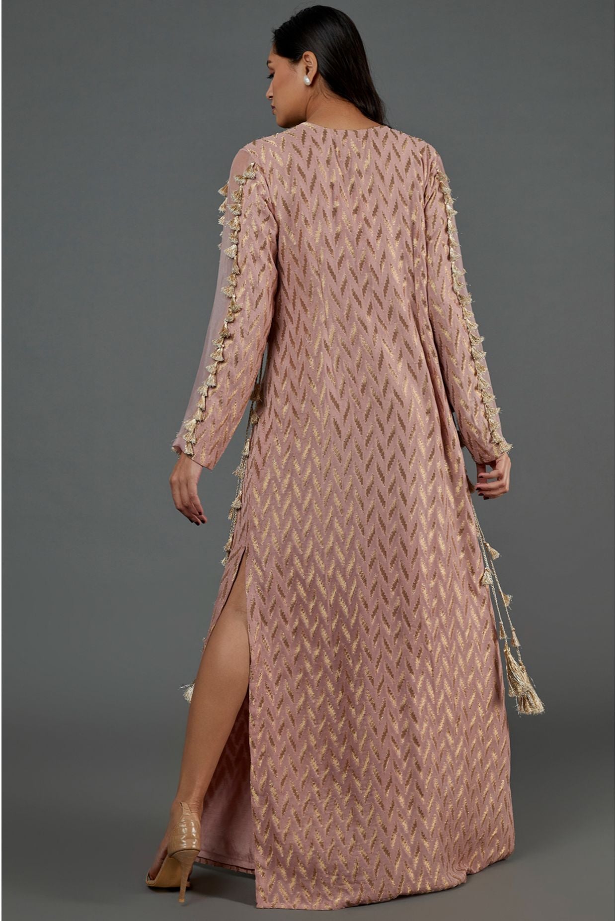 Rose Pink Dash Ikat Banarasi Georgette Embroidered Yoke  Kaftan With Organza Detailed Sleeves