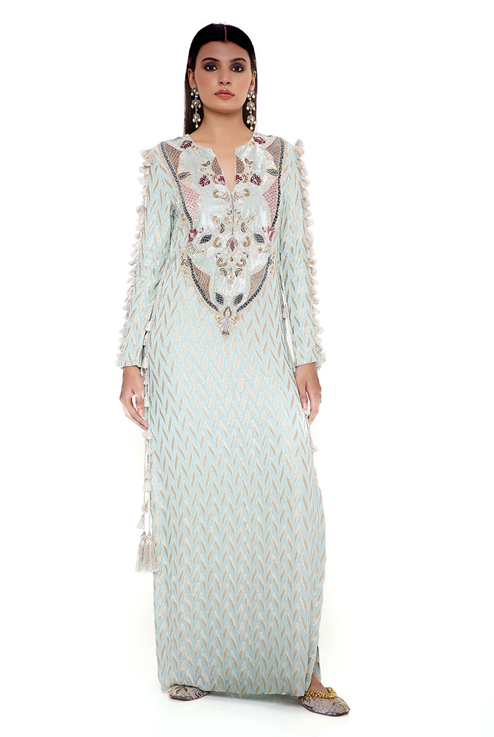 Miraya Powder Blue Dash Ikat Banarasi Georgette Embroidered Yoke Kaftan With Organza Detailed Sleeves