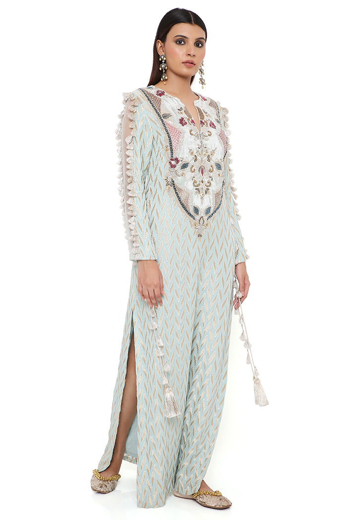 Miraya Powder Blue Dash Ikat Banarasi Georgette Embroidered Yoke Kaftan With Organza Detailed Sleeves