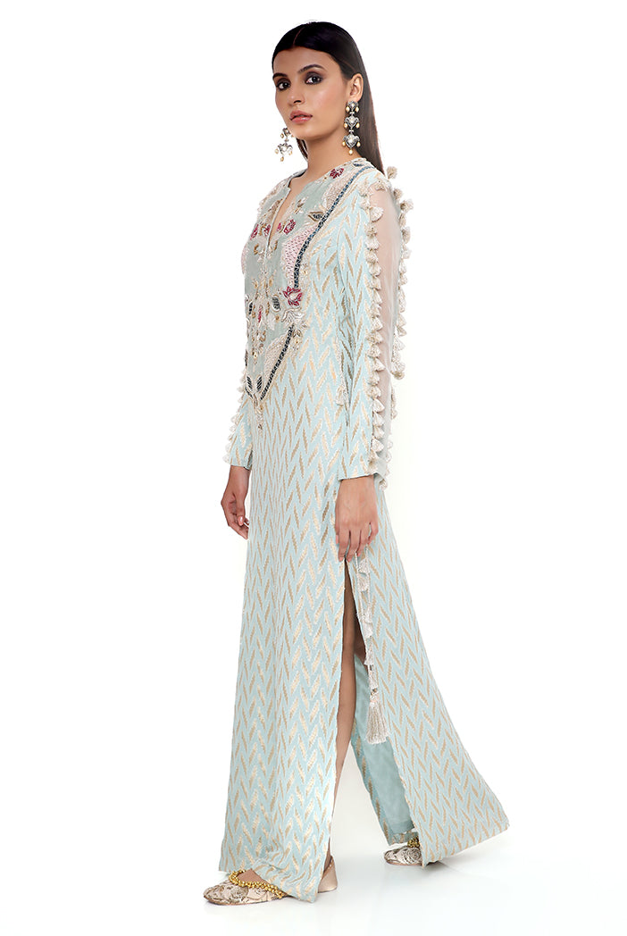 Miraya Powder Blue Dash Ikat Banarasi Georgette Embroidered Yoke Kaftan With Organza Detailed Sleeves