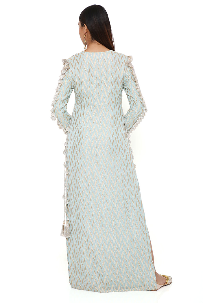 Miraya Powder Blue Dash Ikat Banarasi Georgette Embroidered Yoke Kaftan With Organza Detailed Sleeves