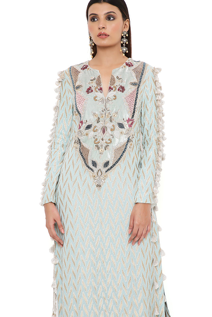 Miraya Powder Blue Dash Ikat Banarasi Georgette Embroidered Yoke Kaftan With Organza Detailed Sleeves