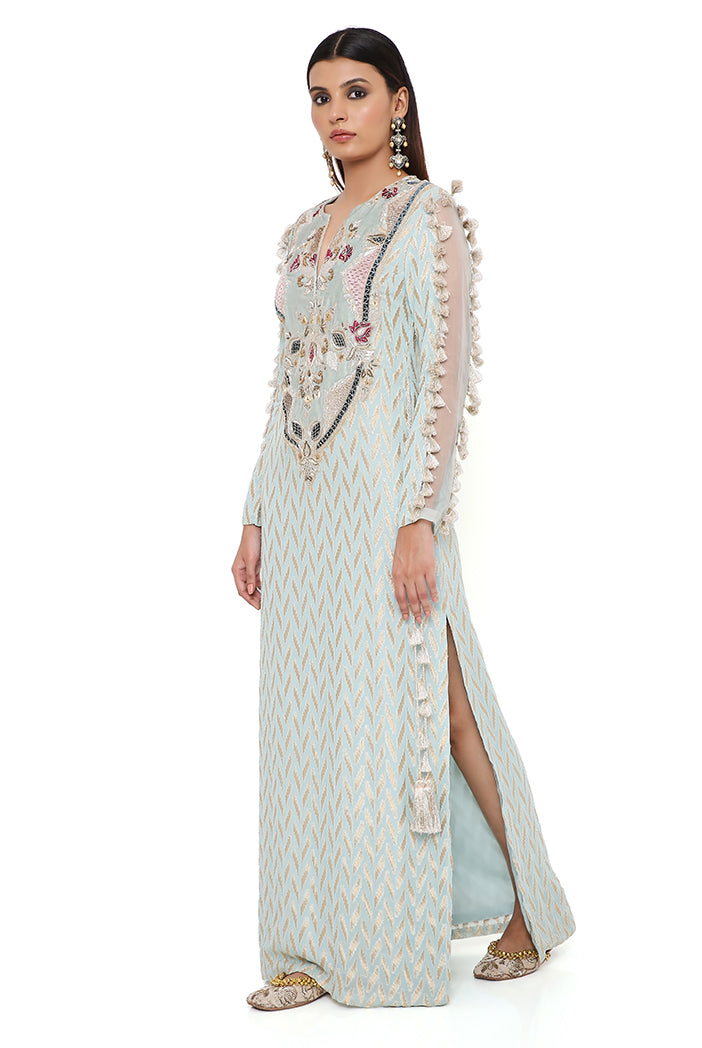 Miraya Powder Blue Dash Ikat Banarasi Georgette Embroidered Yoke Kaftan With Organza Detailed Sleeves