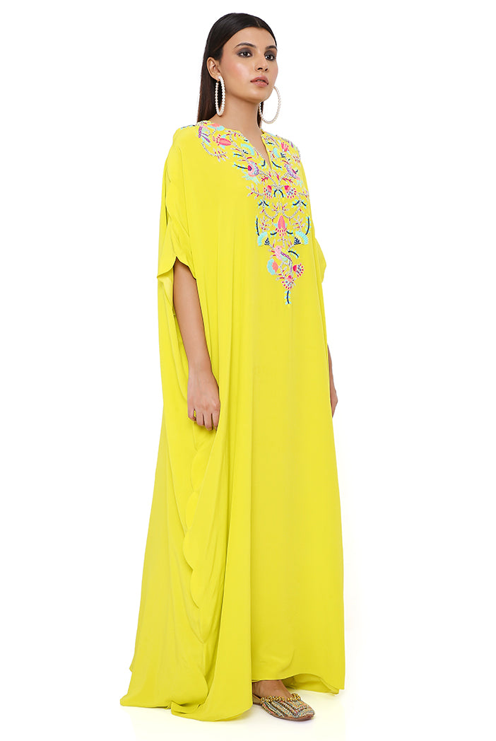 Lime Crepe Embroidered Yoke Scalloped Edge Kaftan