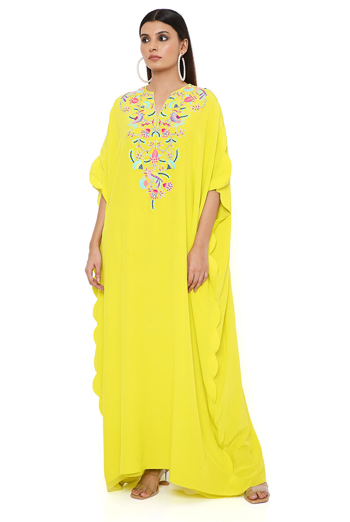 Lime Crepe Embroidered Yoke Scalloped Edge Kaftan