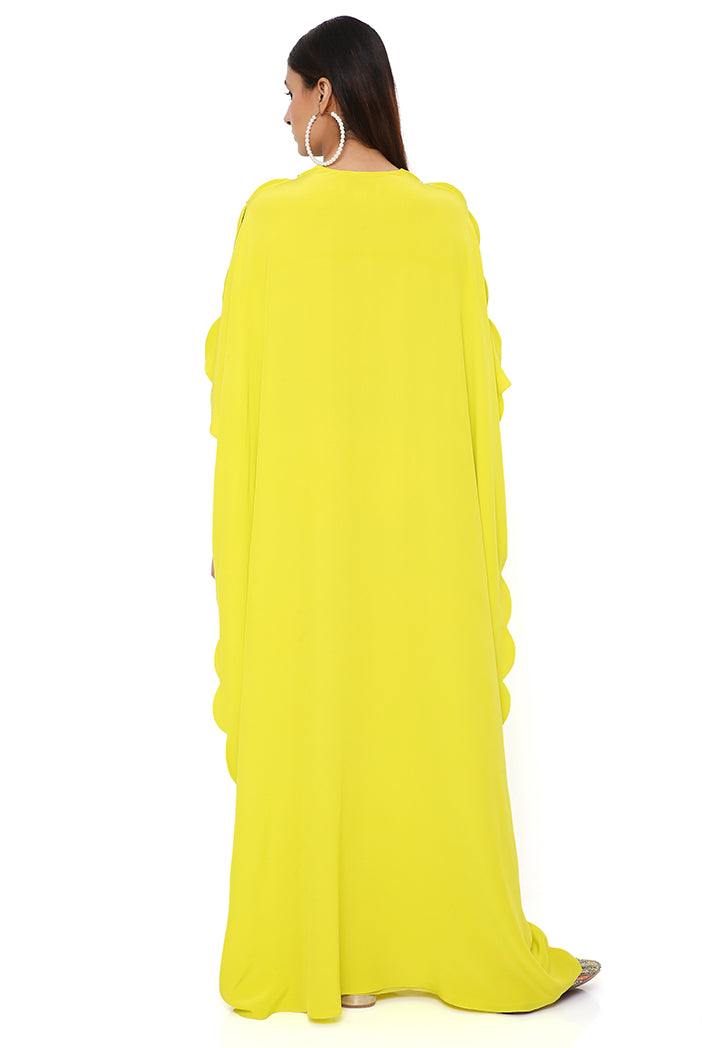 Lime Crepe Embroidered Yoke Scalloped Edge Kaftan