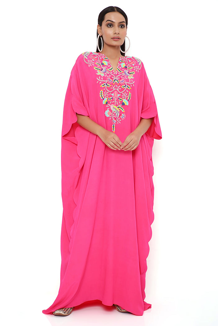Pink Crepe Embroidered Yoke Scalloped Edge  Kaftan