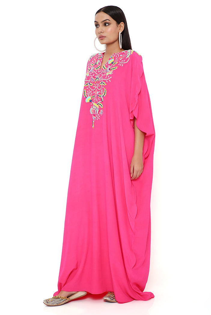 Pink Crepe Embroidered Yoke Scalloped Edge  Kaftan