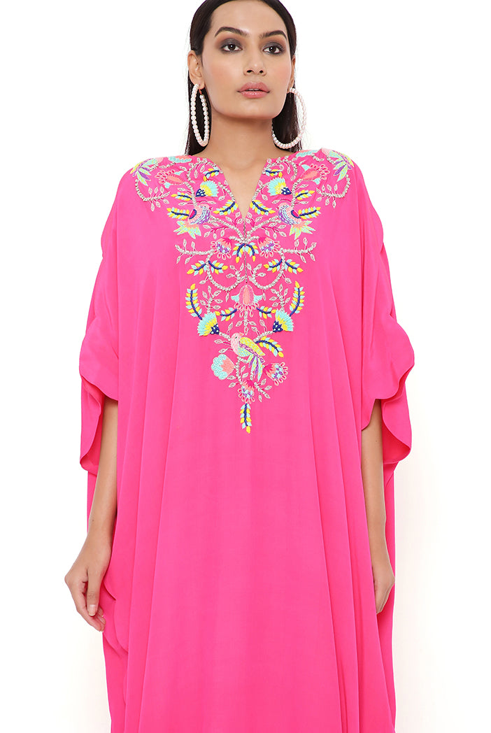 Pink Crepe Embroidered Yoke Scalloped Edge  Kaftan