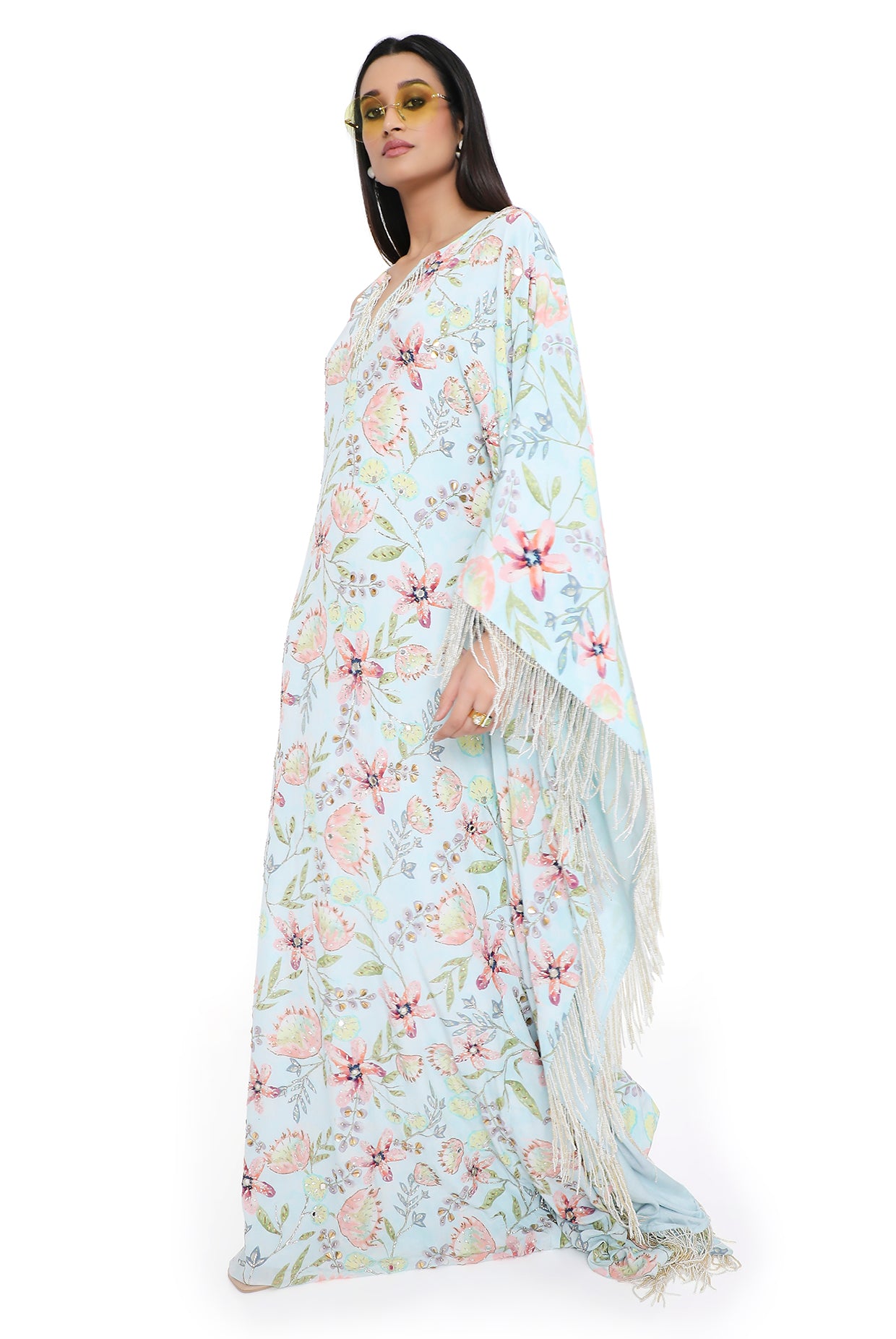 Valentina Lavender Dream Print Embroidered One Shoulder Kaftan With Hanging Tassels