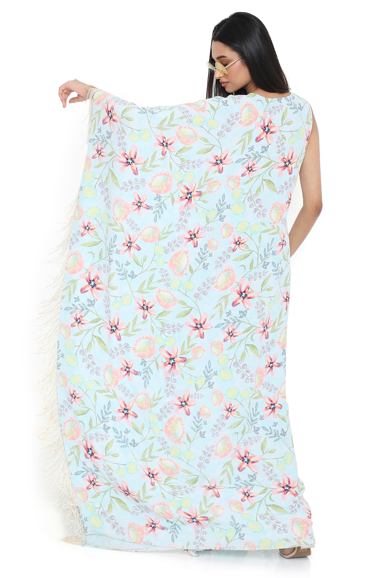 Valentina Lavender Dream Print Embroidered One Shoulder Kaftan With Hanging Tassels