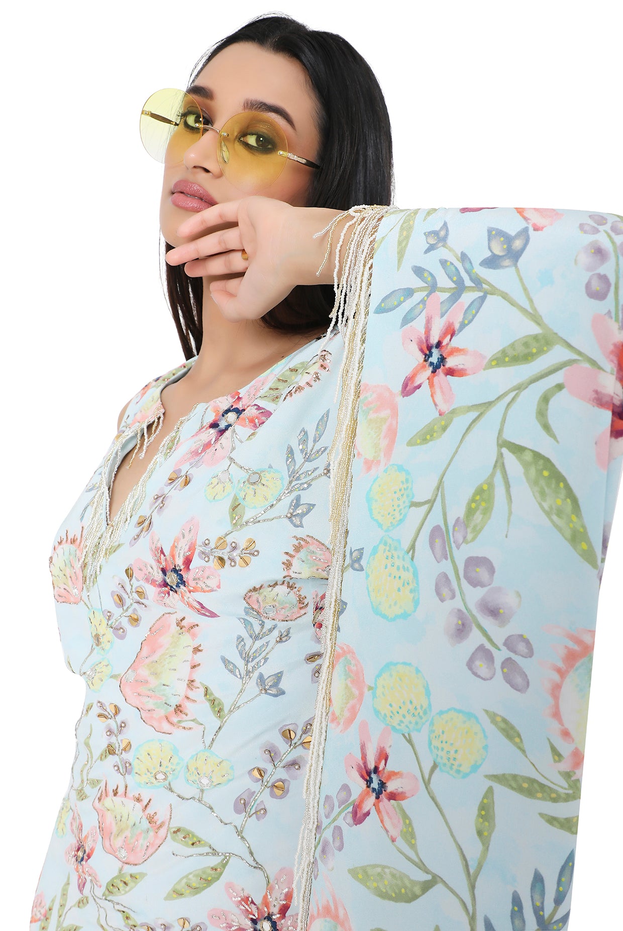 Valentina Lavender Dream Print Embroidered One Shoulder Kaftan With Hanging Tassels