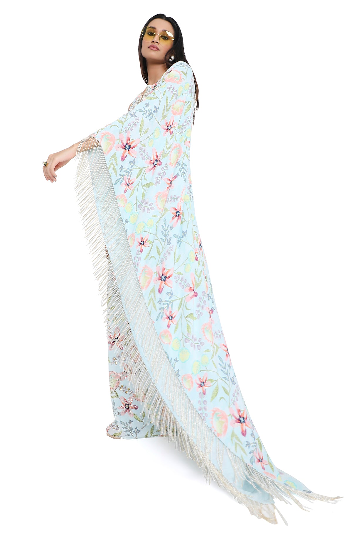 Valentina Lavender Dream Print Embroidered One Shoulder Kaftan With Hanging Tassels