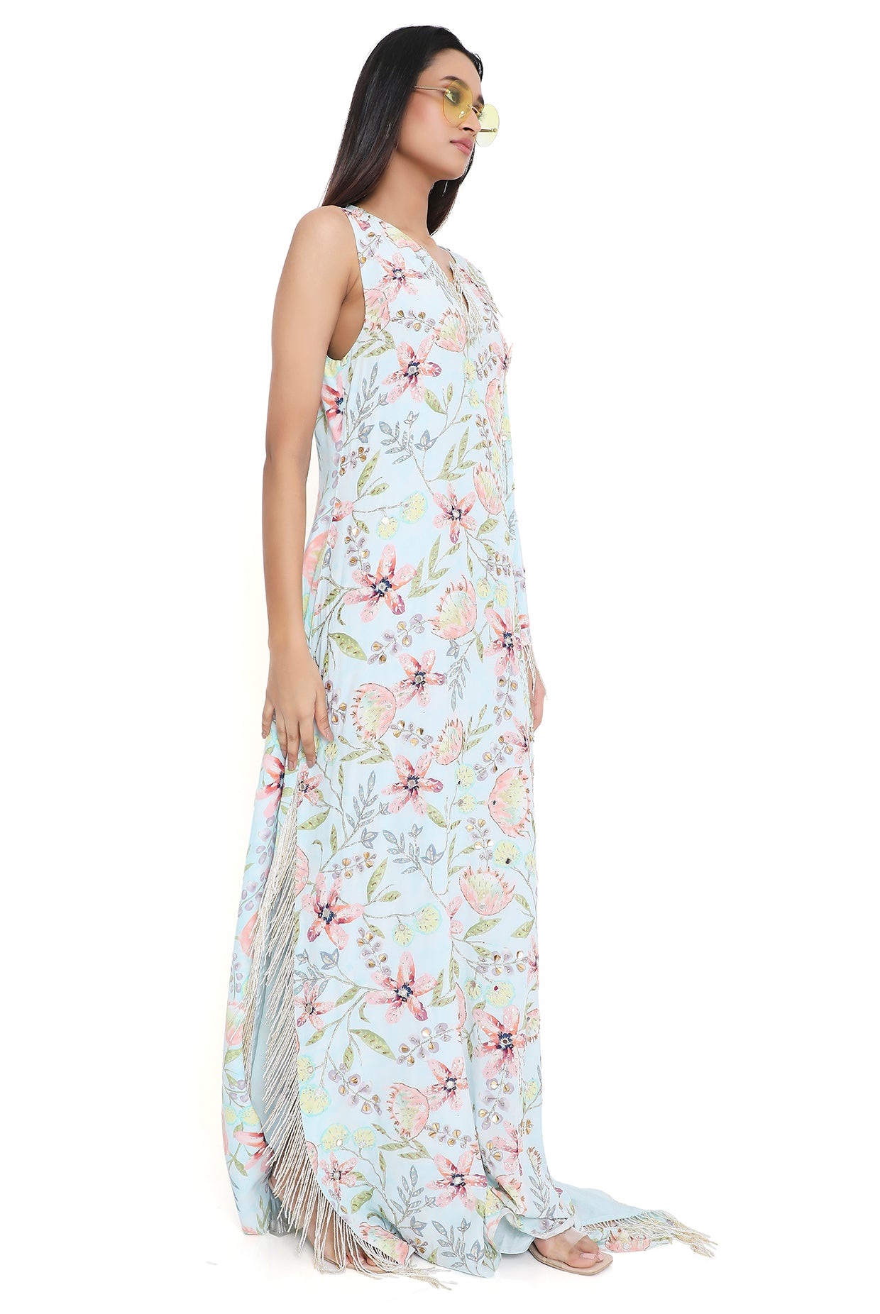 Valentina Lavender Dream Print Embroidered One Shoulder Kaftan With Hanging Tassels