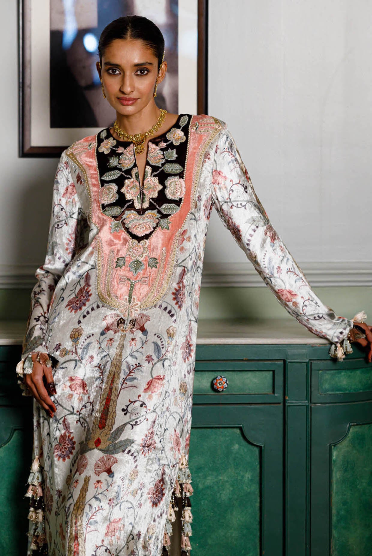 Mehuish Ochre Forest Whisper Printed Embroidered Kaftan