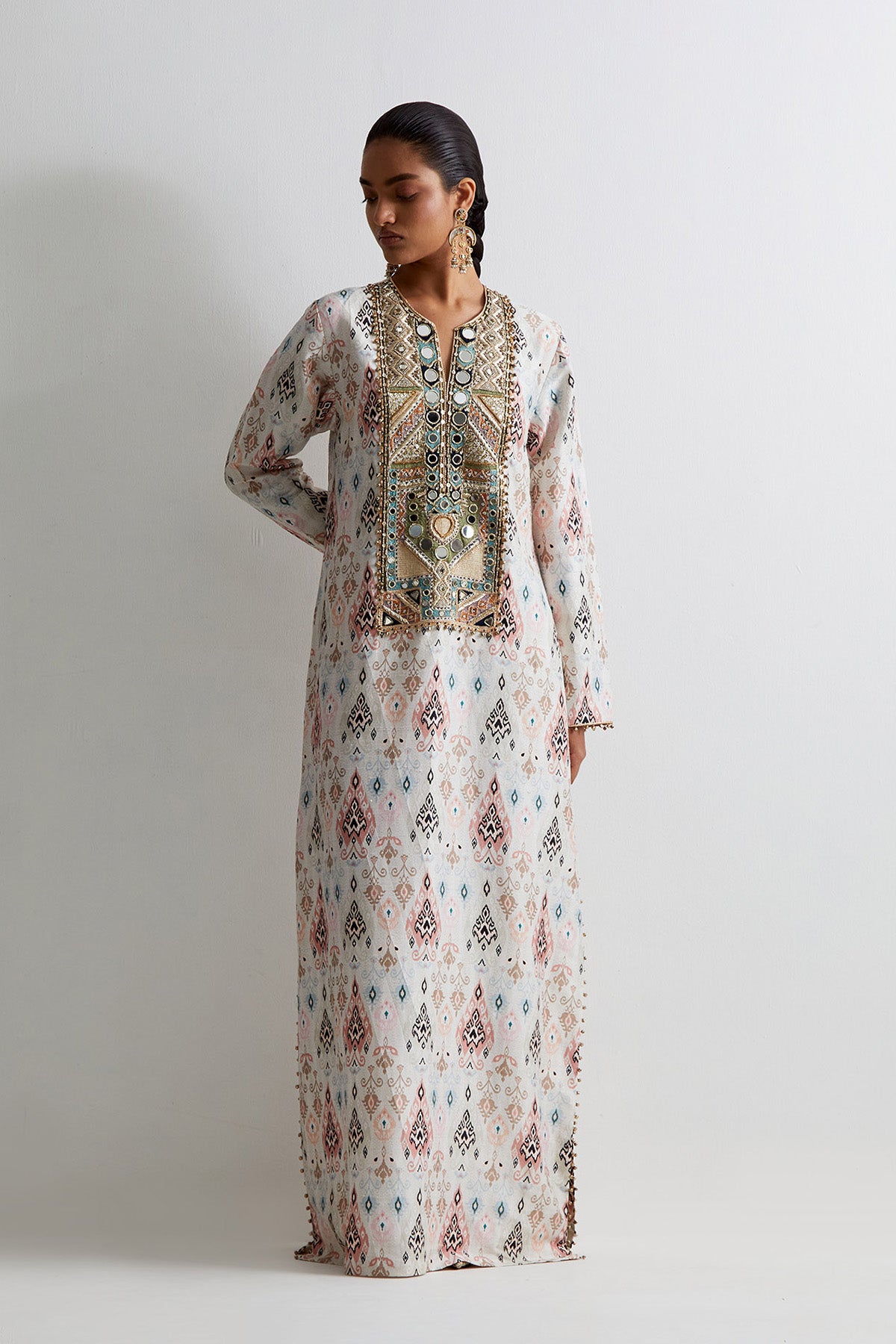 Off White Ikat Printed Beyza Kaftan With Embroidered Yoke