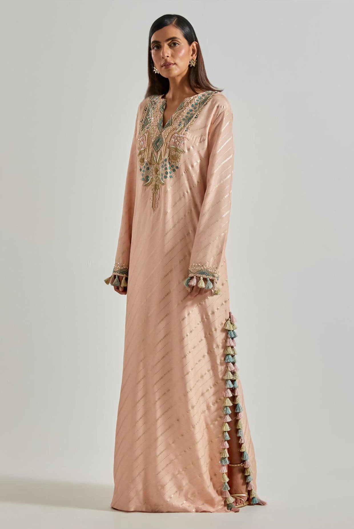 Peachy Pink Line Dola Silk Beyza Kaftan