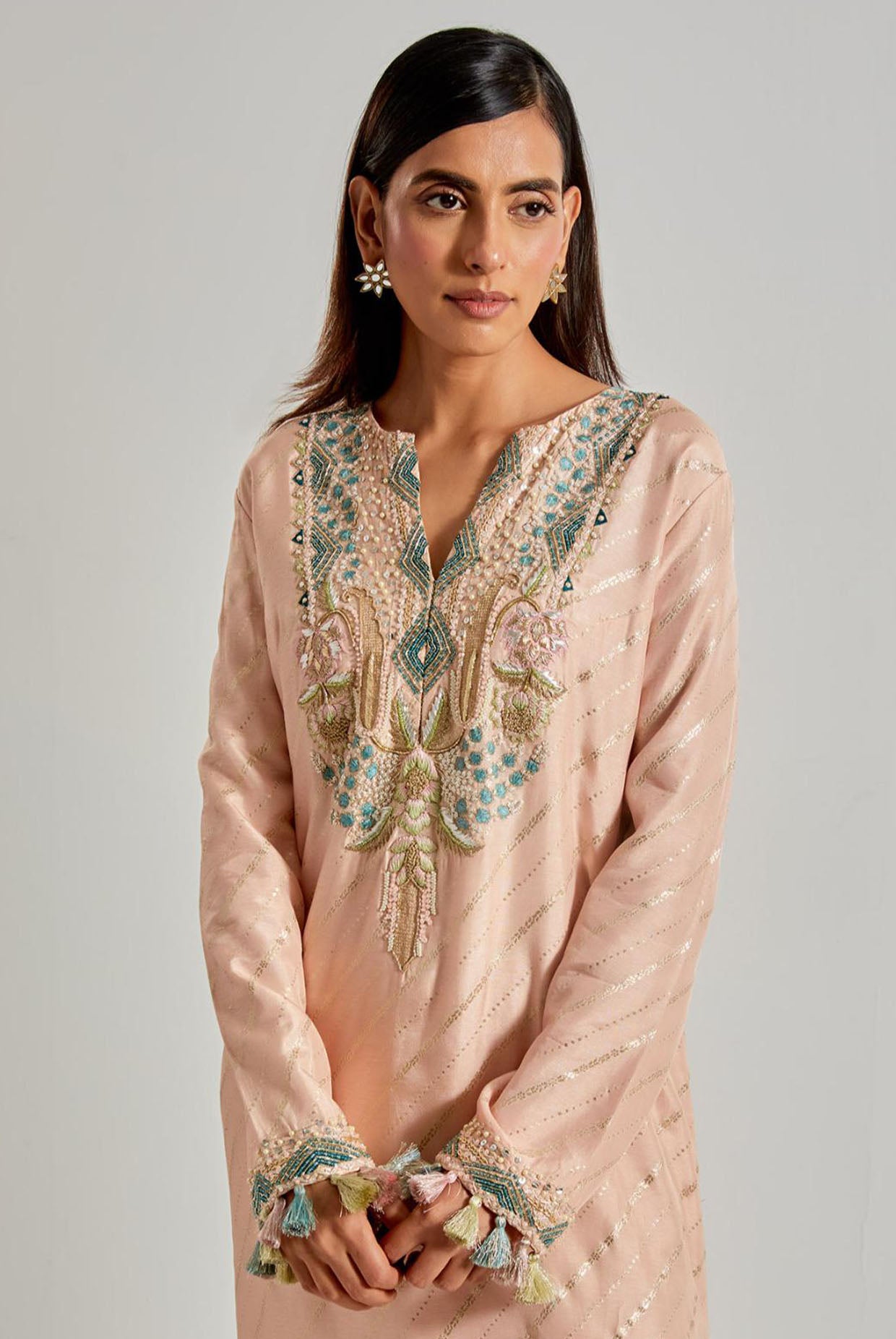 Peachy Pink Line Dola Silk Beyza Kaftan