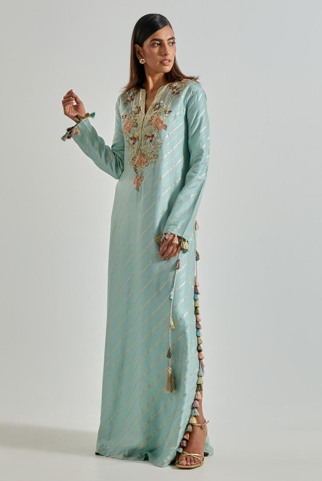Powder Blue Line Dola Silk Beyza Kaftan