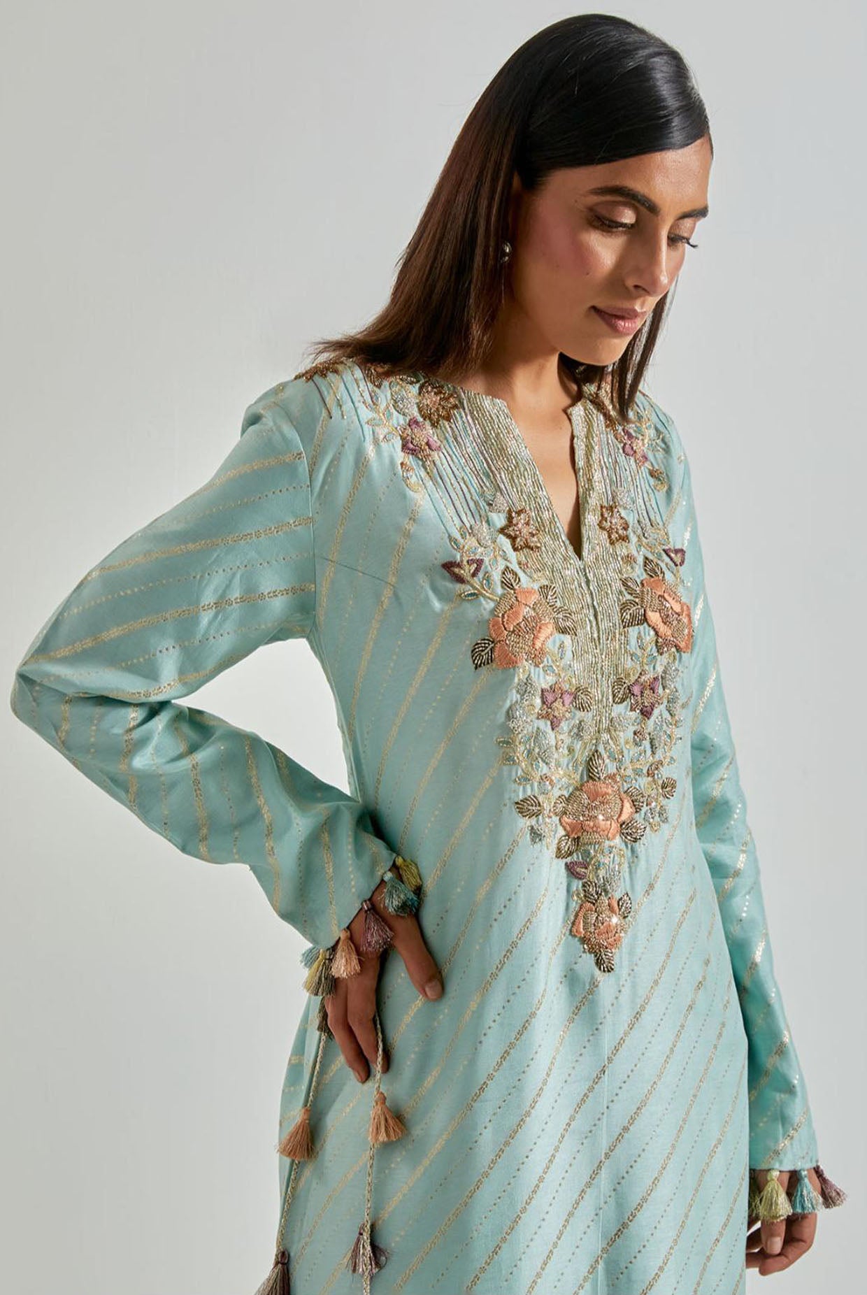 Powder Blue Line Dola Silk Beyza Kaftan
