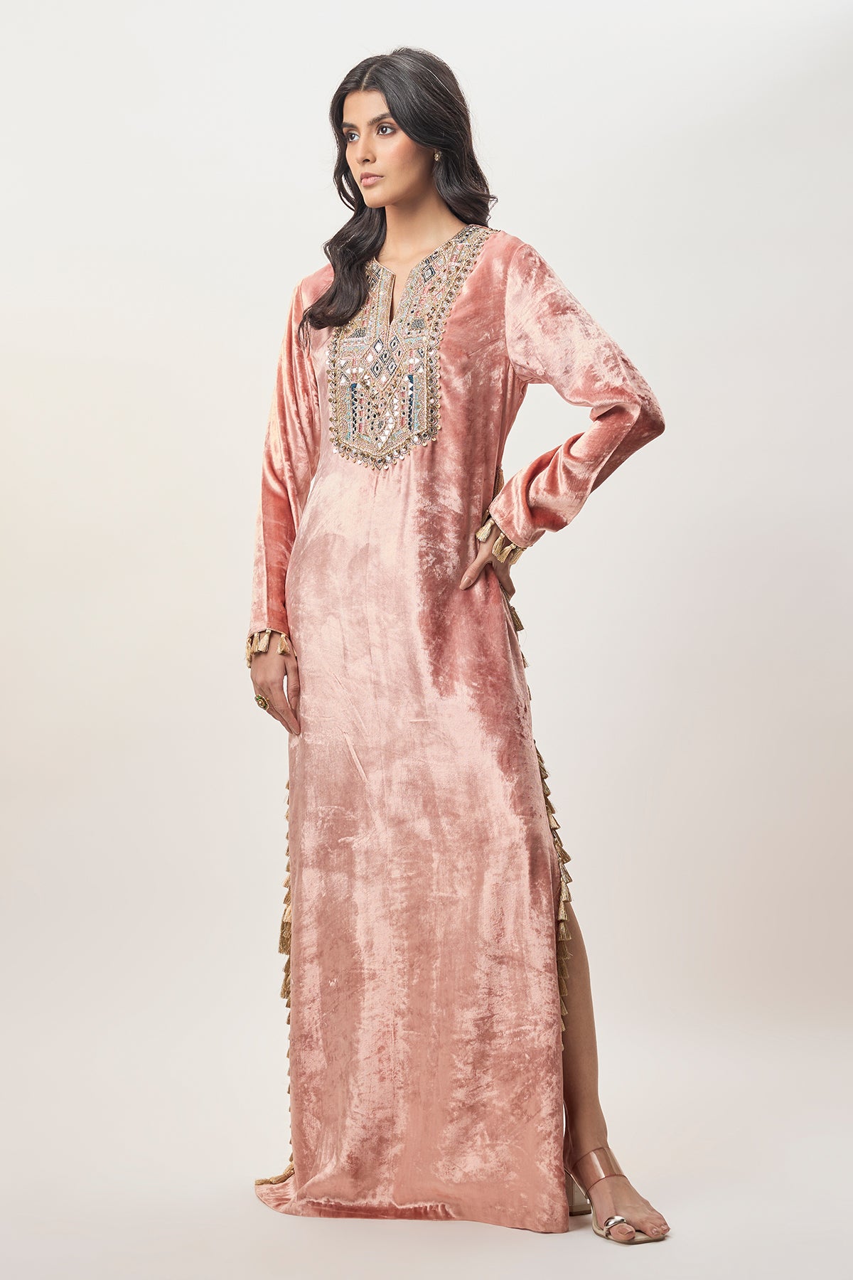 Tara Rose Pink Velvet Embroidered Yoke Beyza Kaftan