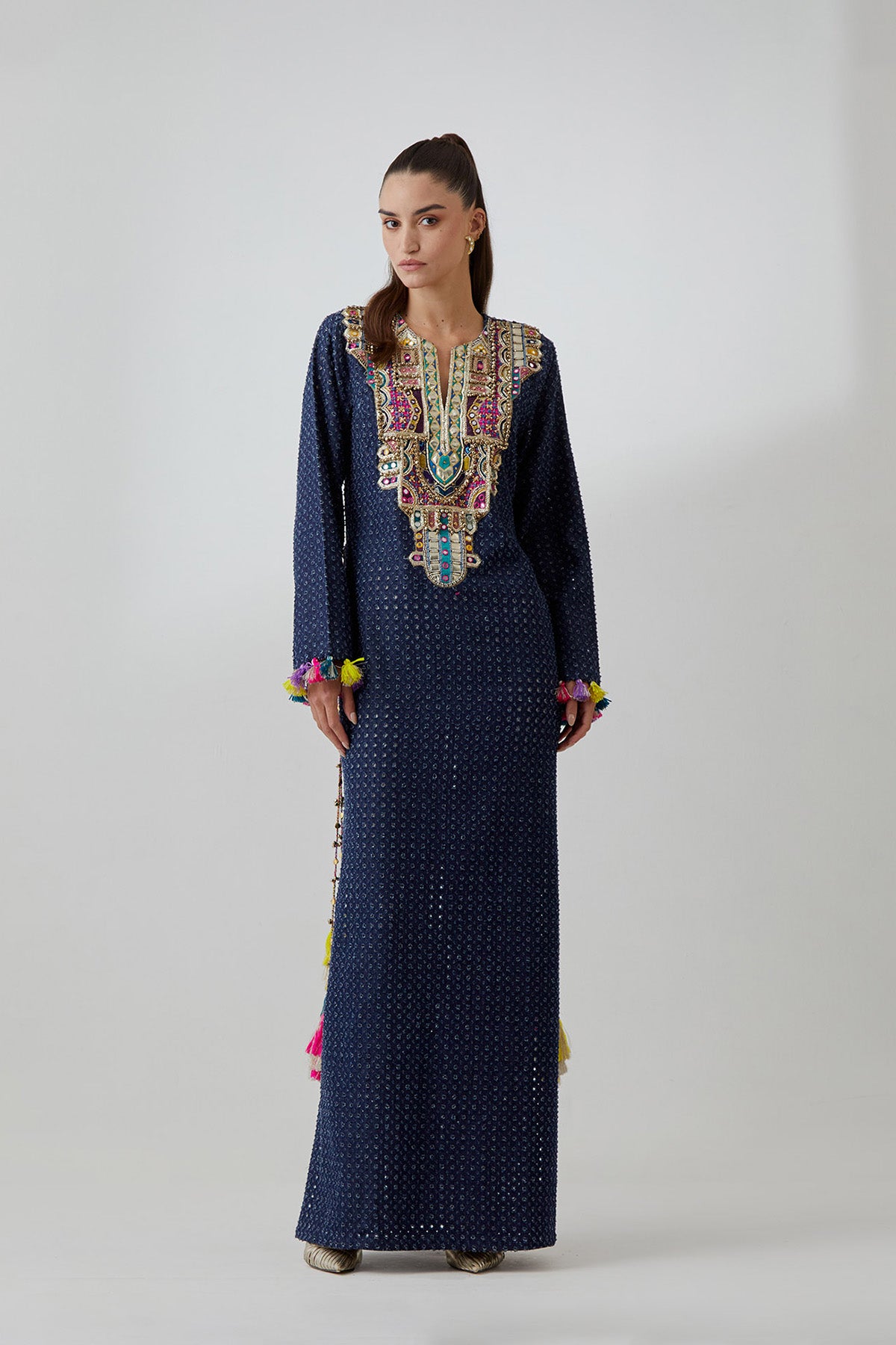 Blue Denim Embroidered Yoke Kaftan