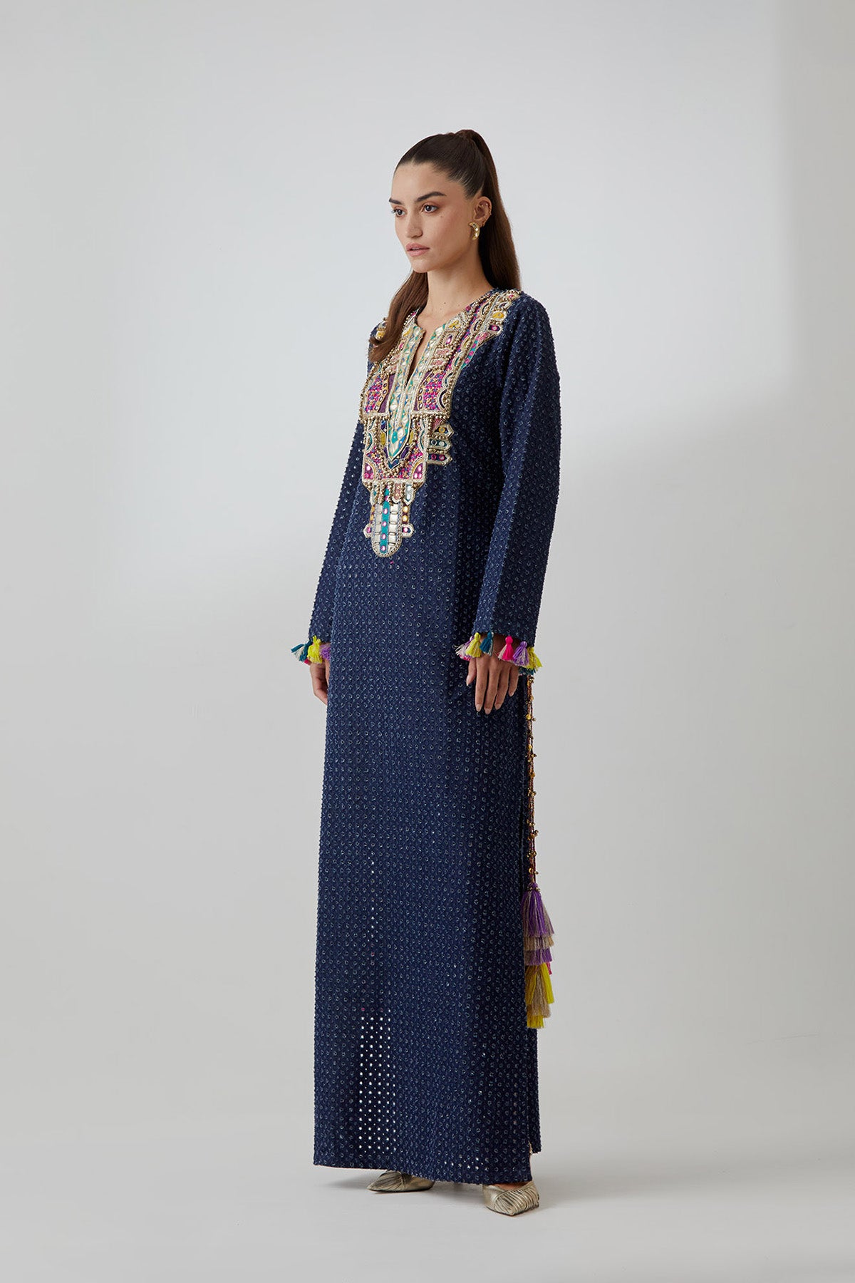 Blue Denim Embroidered Yoke Kaftan