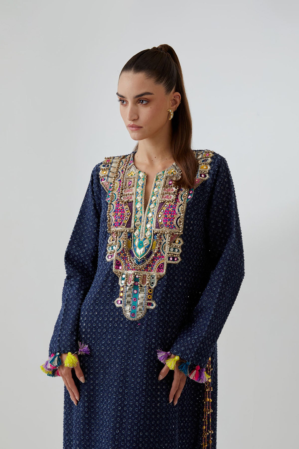 Blue Denim Embroidered Yoke Kaftan