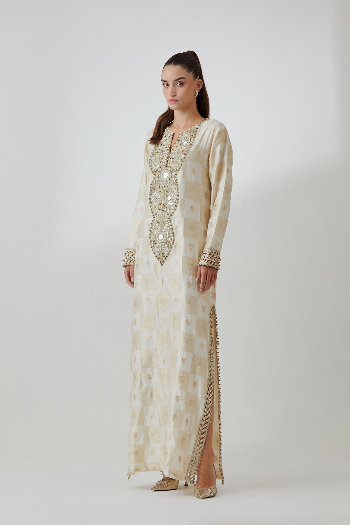 Off-White Brocade Silk Embroidered Long Kaftan