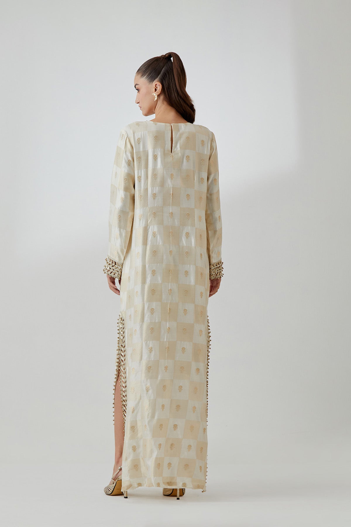Off-White Brocade Silk Embroidered Long Kaftan