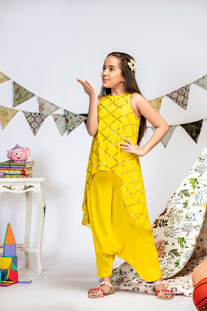 Yellow Mukaish Georgette High-Low Tunic with Crepe Low Crotch Pant