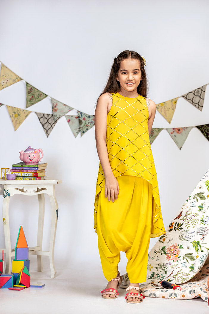 Yellow Mukaish Georgette High-Low Tunic with Crepe Low Crotch Pant