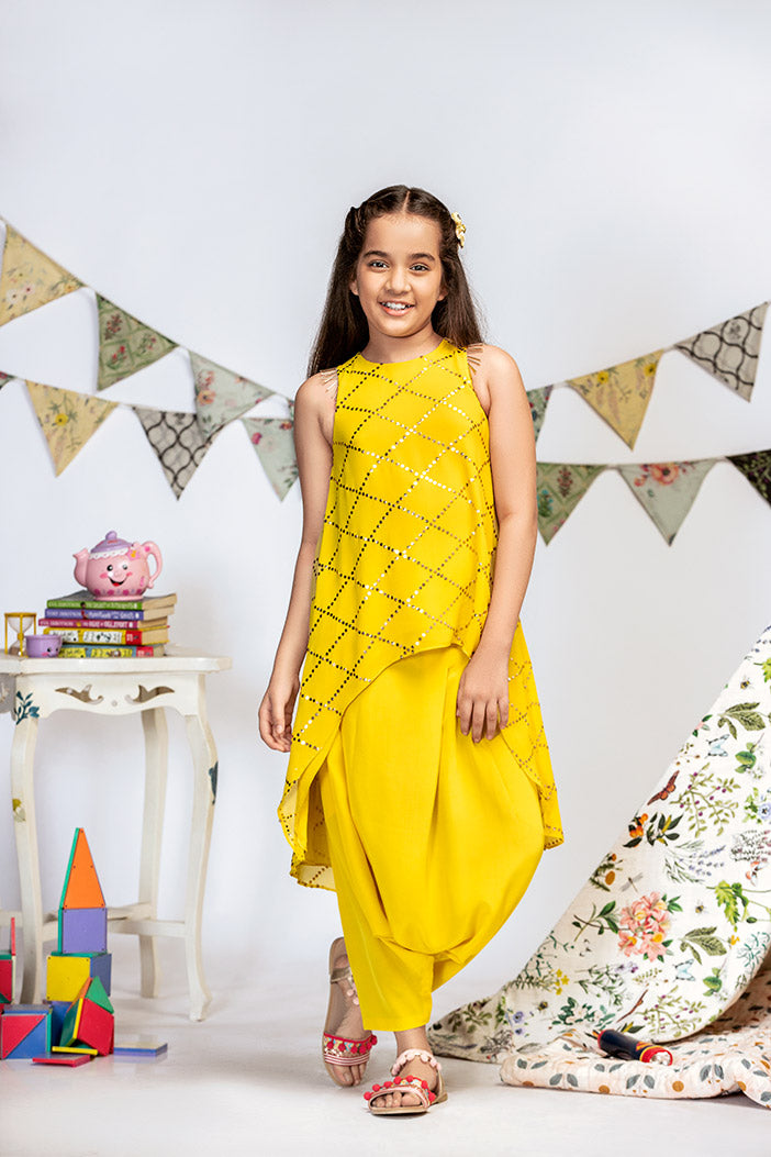 Yellow Mukaish Georgette High-Low Tunic with Crepe Low Crotch Pant