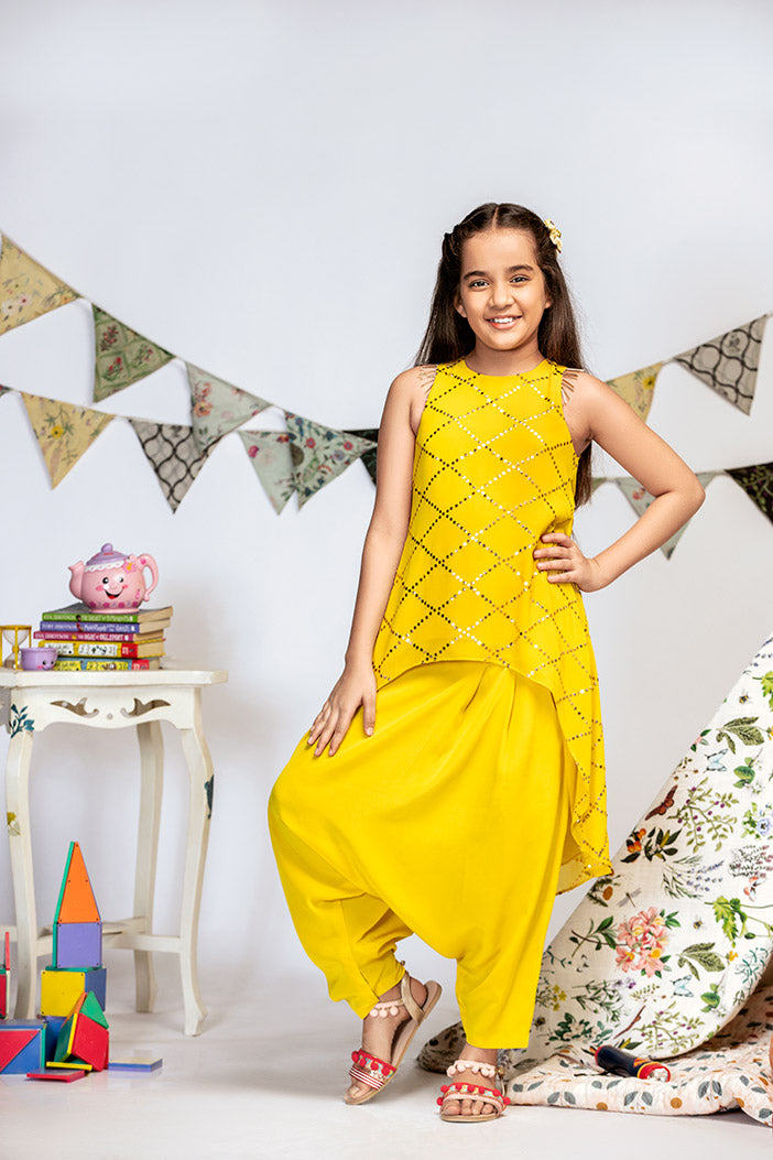 Yellow Mukaish Georgette High-Low Tunic with Crepe Low Crotch Pant