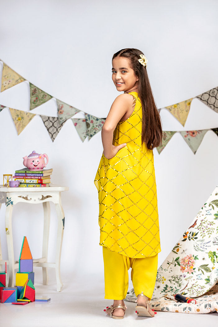 Yellow Mukaish Georgette High-Low Tunic with Crepe Low Crotch Pant