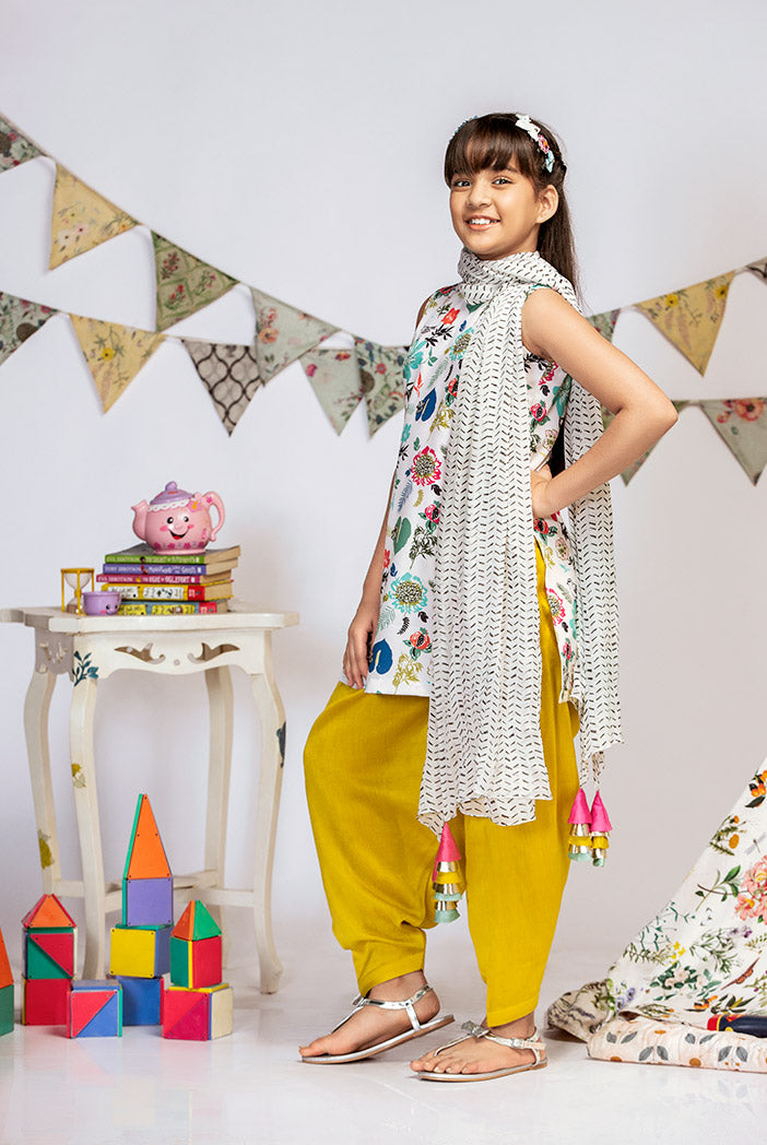 Cream Printed Crepe Short Kurta with Lime Green Silkmul Salwar and Cream Printed Chiffon Dupatta