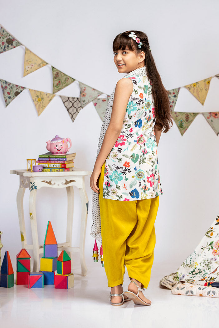 Cream Printed Crepe Short Kurta with Lime Green Silkmul Salwar and Cream Printed Chiffon Dupatta
