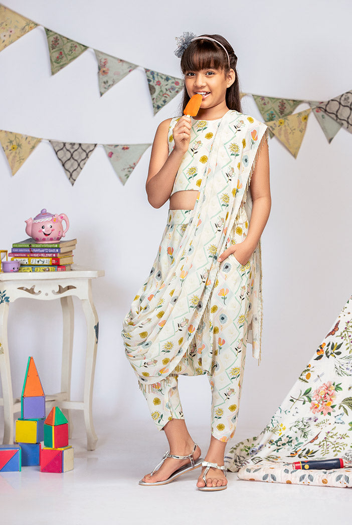 Cream Printed Crepe Crop Top with Low Crotch Pant and Attached Georgette Drape
