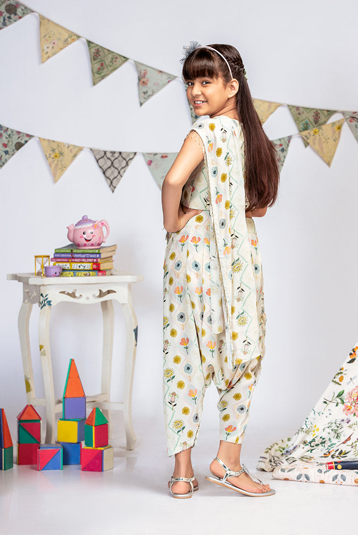 Cream Printed Crepe Crop Top with Low Crotch Pant and Attached Georgette Drape