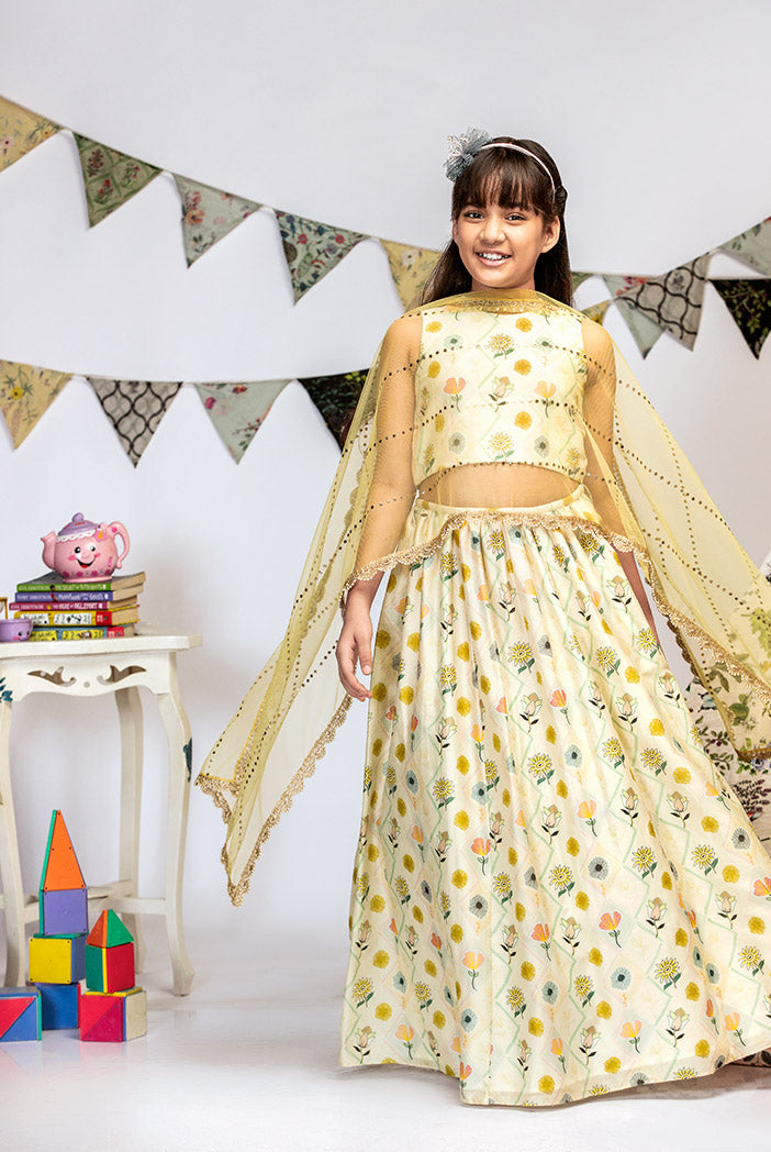 Cream Printed Silkmul Choli and Lehenga with Pale Yellow net Dupatta