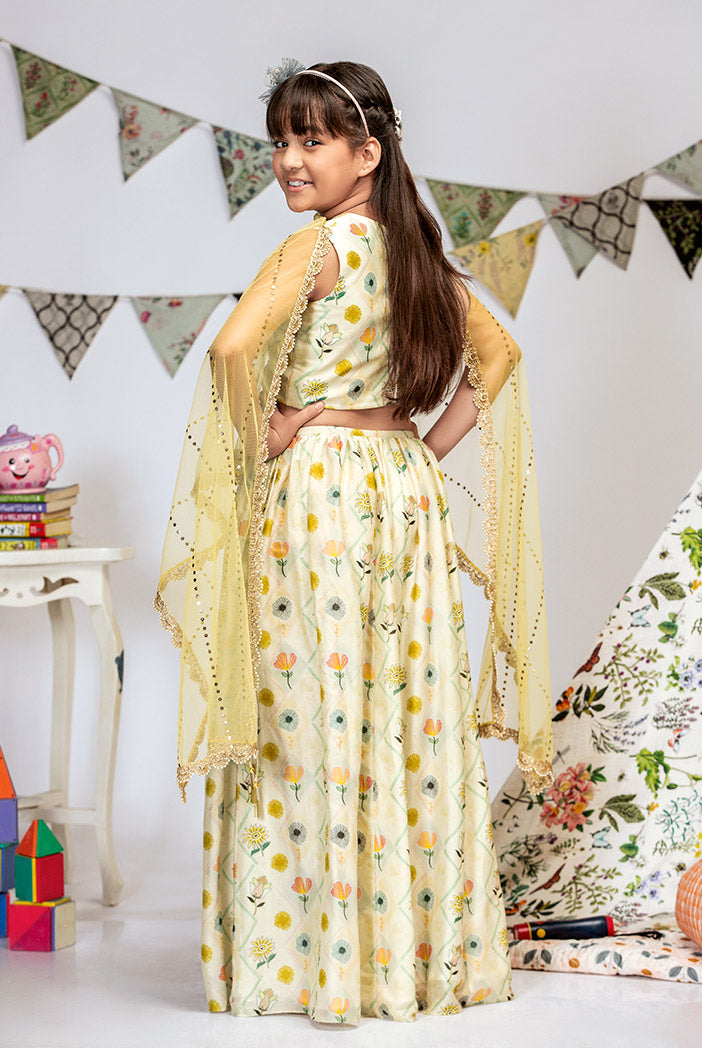 Cream Printed Silkmul Choli and Lehenga with Pale Yellow net Dupatta