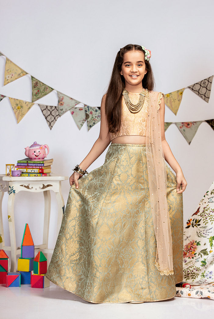 Blush Brocade Choli with Mint Brocade Lehenga and Blush Mukaish Net Dupatta
