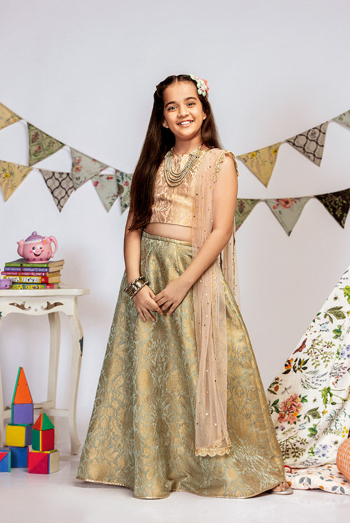 Blush Brocade Choli with Mint Brocade Lehenga and Blush Mukaish Net Dupatta