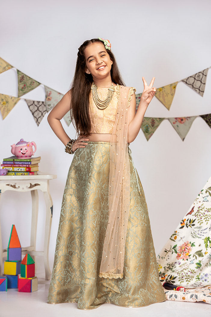 Blush Brocade Choli with Mint Brocade Lehenga and Blush Mukaish Net Dupatta